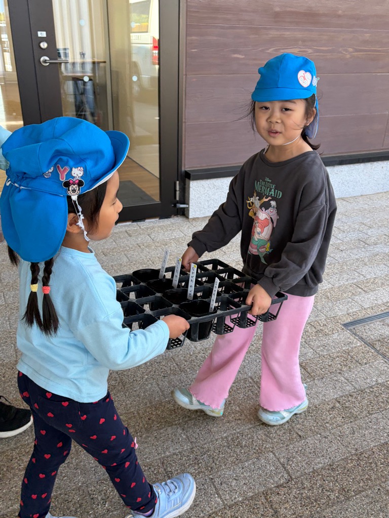 苗を水場まで運ぶ園児