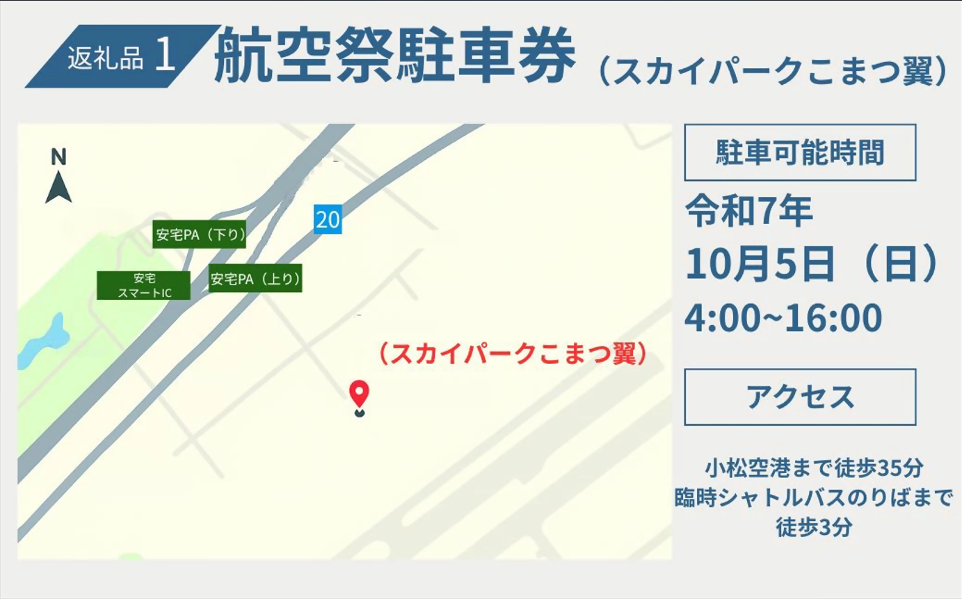 返礼品1 航空祭駐車券(スカイパークこまつ翼)駐車可能時間 令和7年10月5日(日曜日)4時~16時 アクセス 小松空港まで徒歩35分 臨時シャトルバスのりばまで徒歩3分