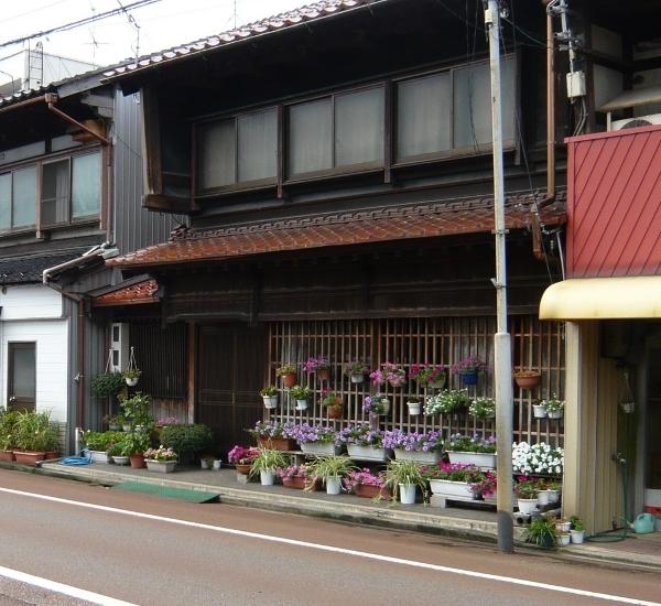 褐色の瓦屋根を持つ2階建ての木造家屋であり、1階の大きな窓格子とその下に手入れされた色とりどりの鉢植えが飾られている中山邸の外観写真