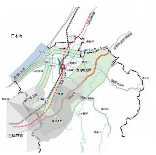 小松市の主要交通施設と周辺の景観区域図