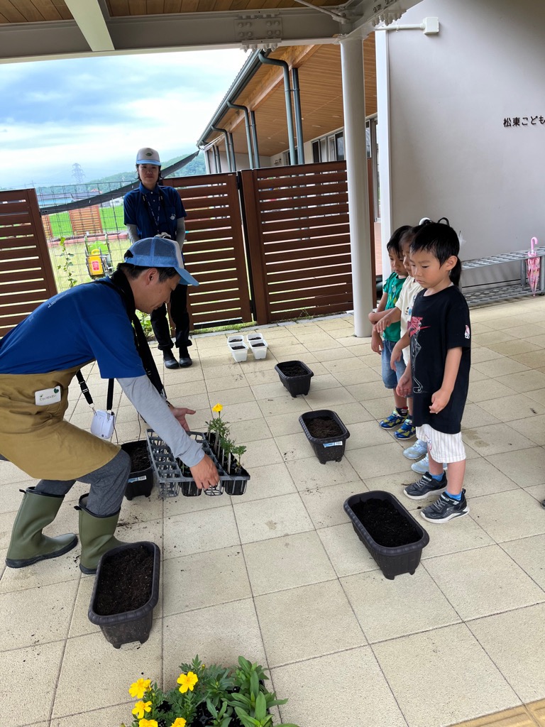 みんなの育てた苗を見せる寺井先生