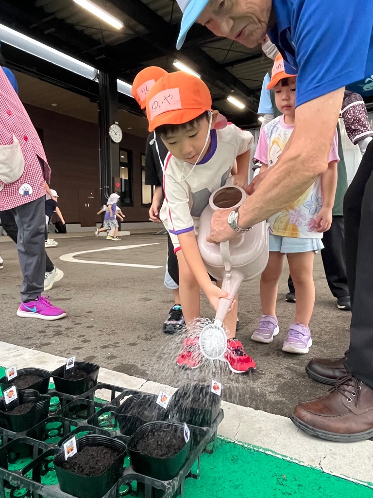 水をあげる園児