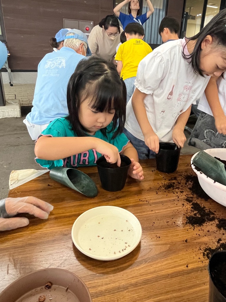 土に指で穴をあける園児