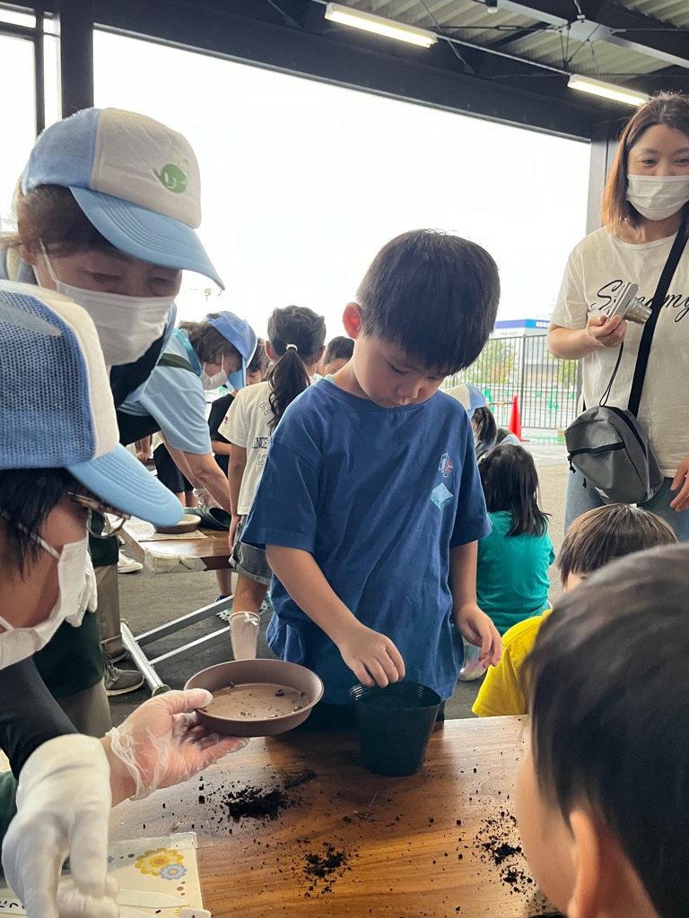 穴に種を入れる園児