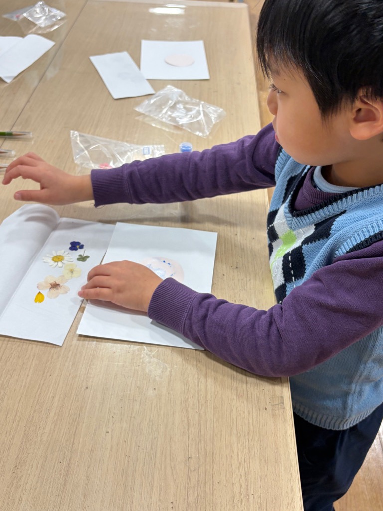 押し花を見る園児