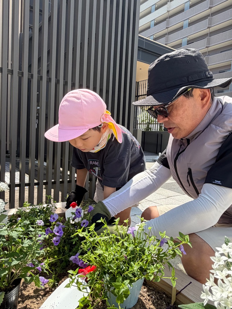 苗を花壇に植える園児