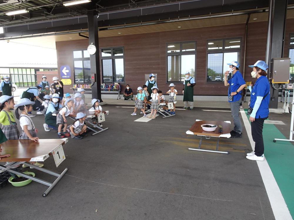 室内で白嶺幼稚園の園児達が寺井先生の説明を聞いている写真