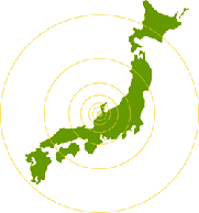 石川県を中心に6つの円が日本地図上に描かれているイラスト