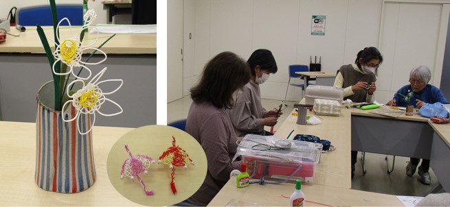 水引の作品と作製している様子の写真