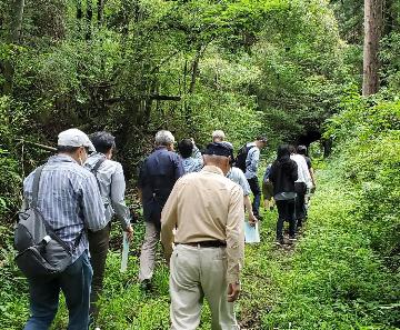 観音下隧道へ向かって林道を歩く様子（廃線ツアー）
