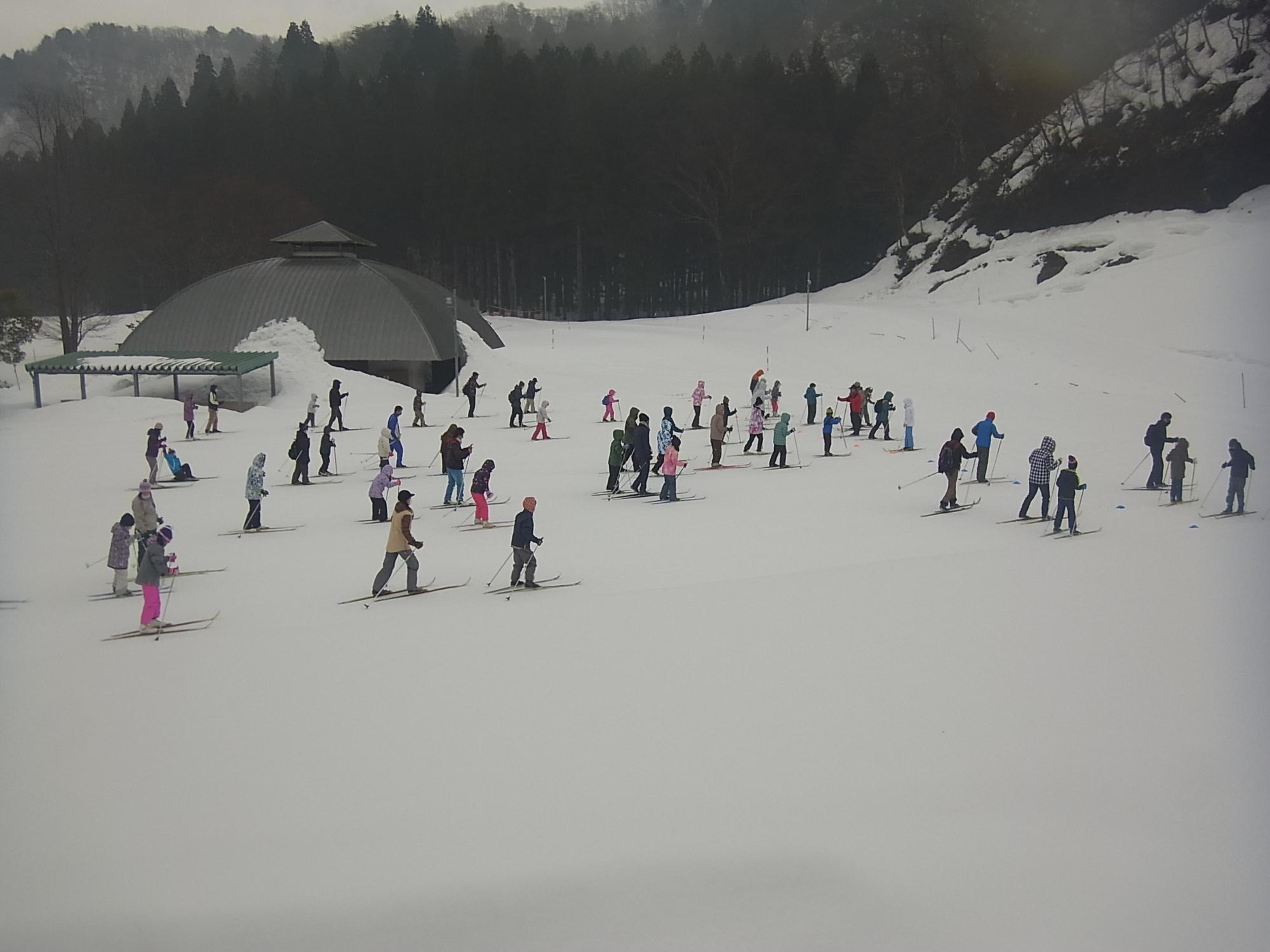 雪で一面真っ白なゲレンデでスキーを楽しんでいる人たちの写真