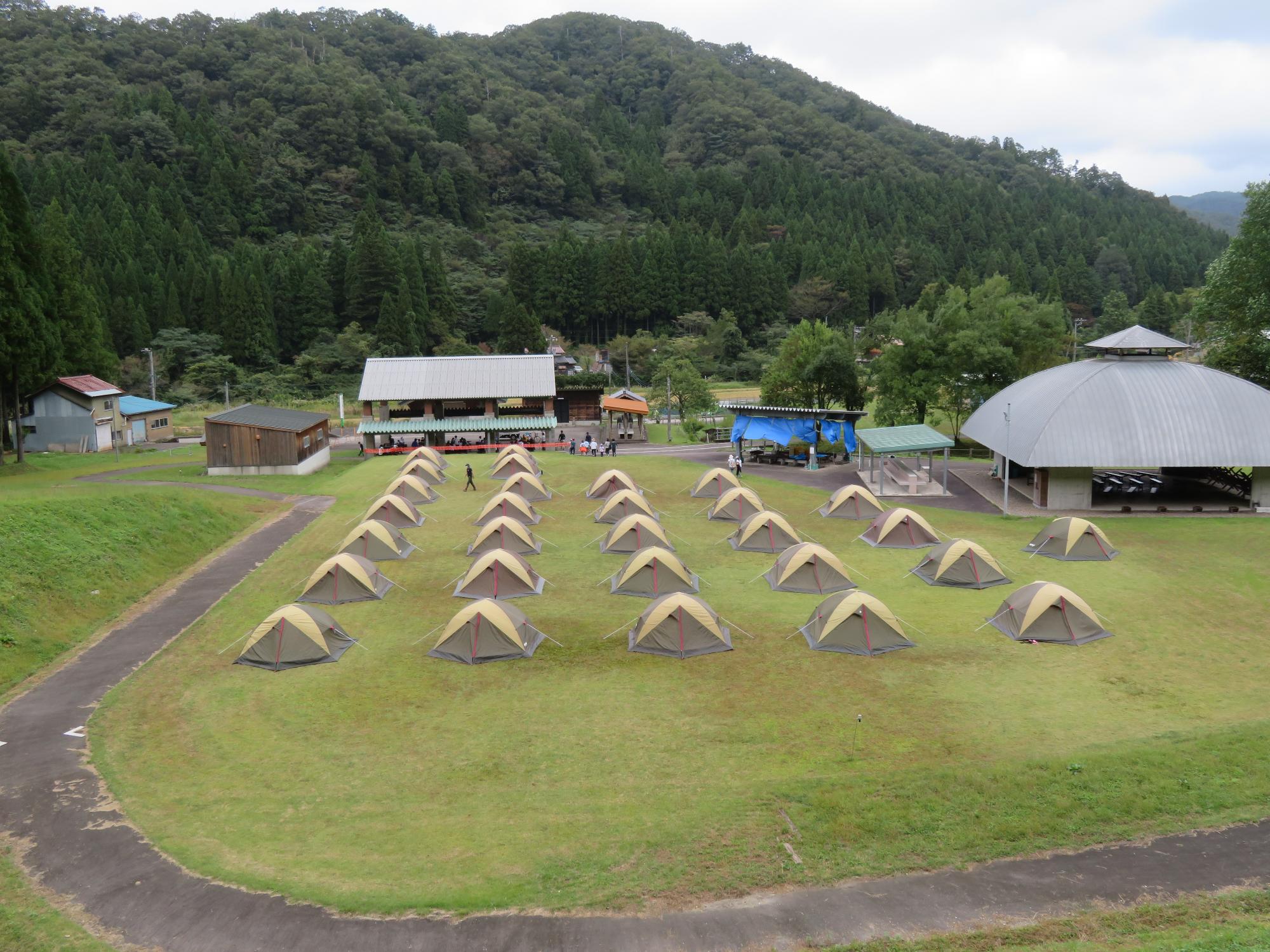 里山自然学校大杉みどりの里に隣接する杉の子広場に、キャンプ用のテントがたくさん設置されている写真