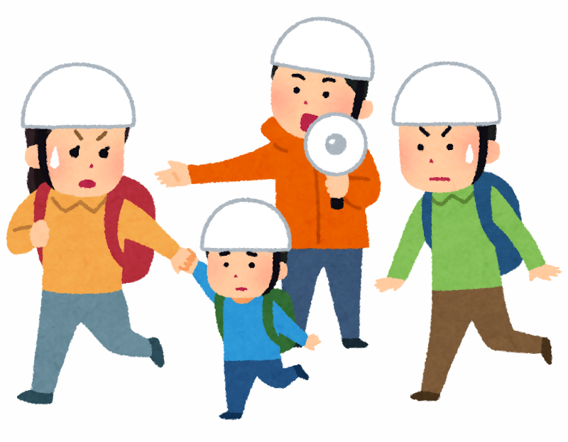 非常持出用のリュックサックを背負い、ヘルメットを被り、家族で避難するイラスト